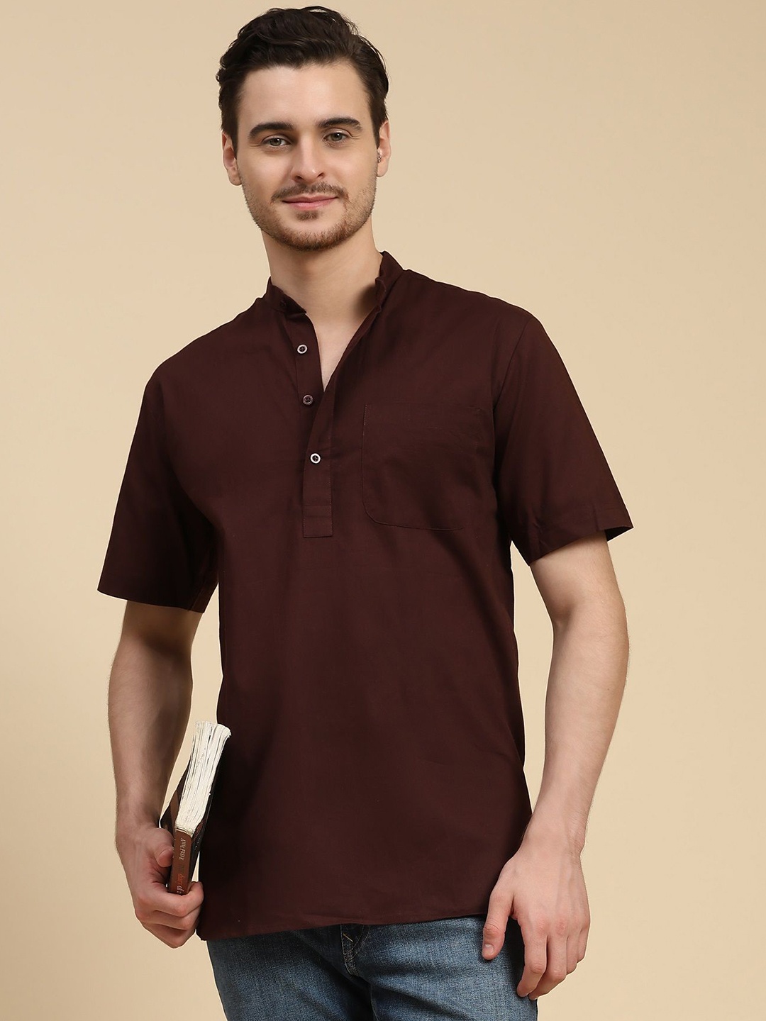 

SKAVIJ Mandarin Collar Cotton Short Straight Kurta, Brown
