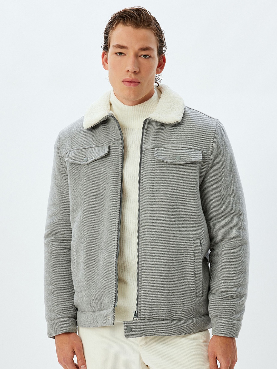 

Koton Men Spread Collar Solid Casual Bomber Jacket, Grey
