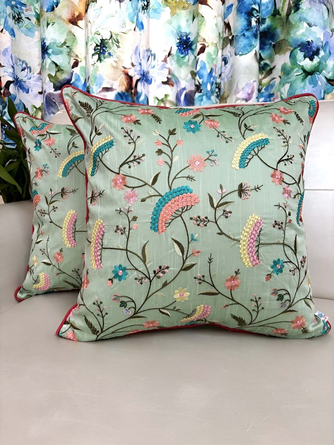 

TARA- Sparkling Homes Green & Pink Set of 2 Embroidered Square Cushion Covers