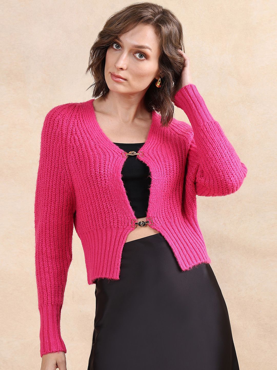 

RAREISM Women Solid V-Neck Long Sleeves Cardigan, Pink