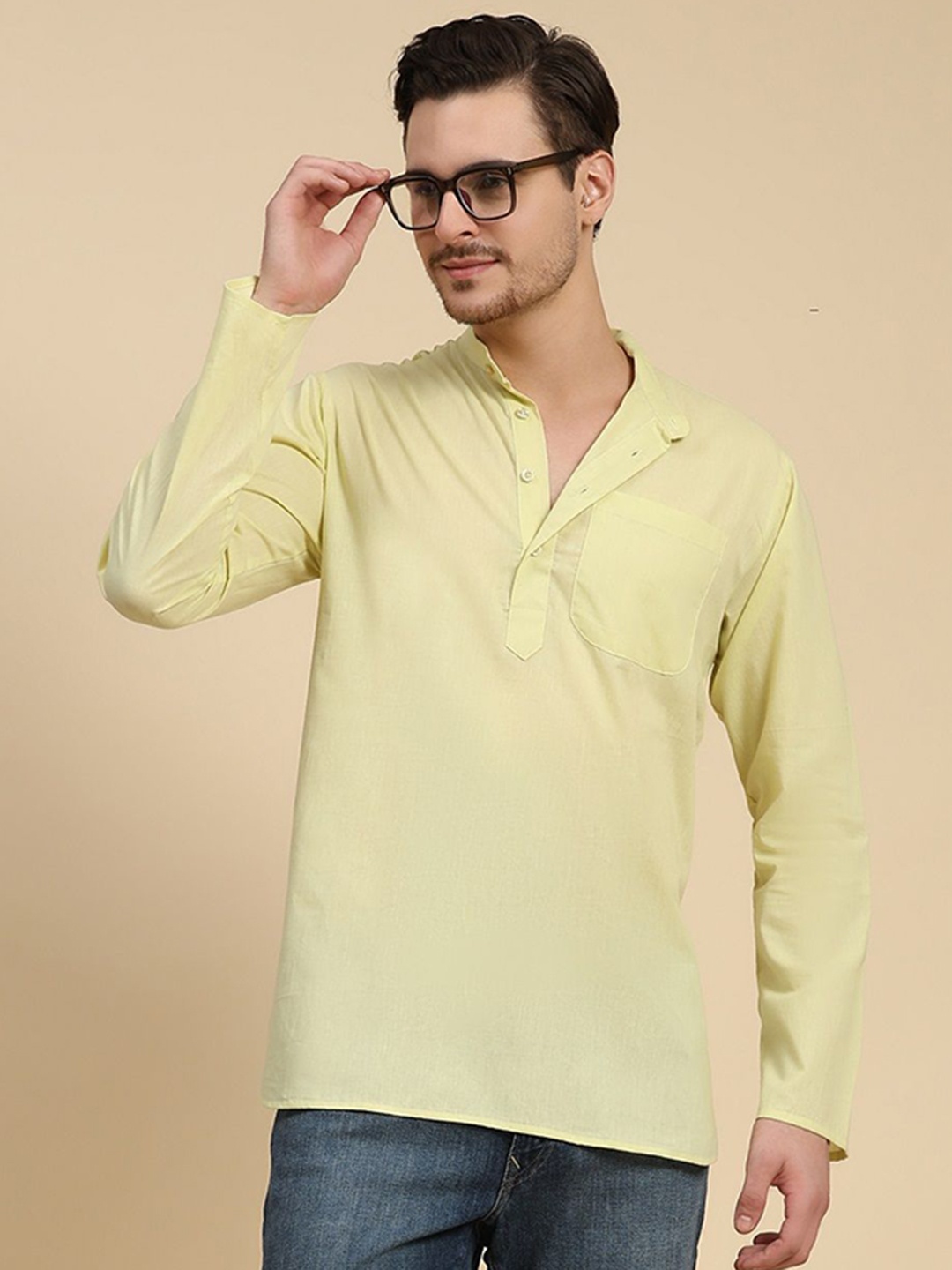 

SKAVIJ Mandarin Collar Cotton Short Straight Kurta, Lime green