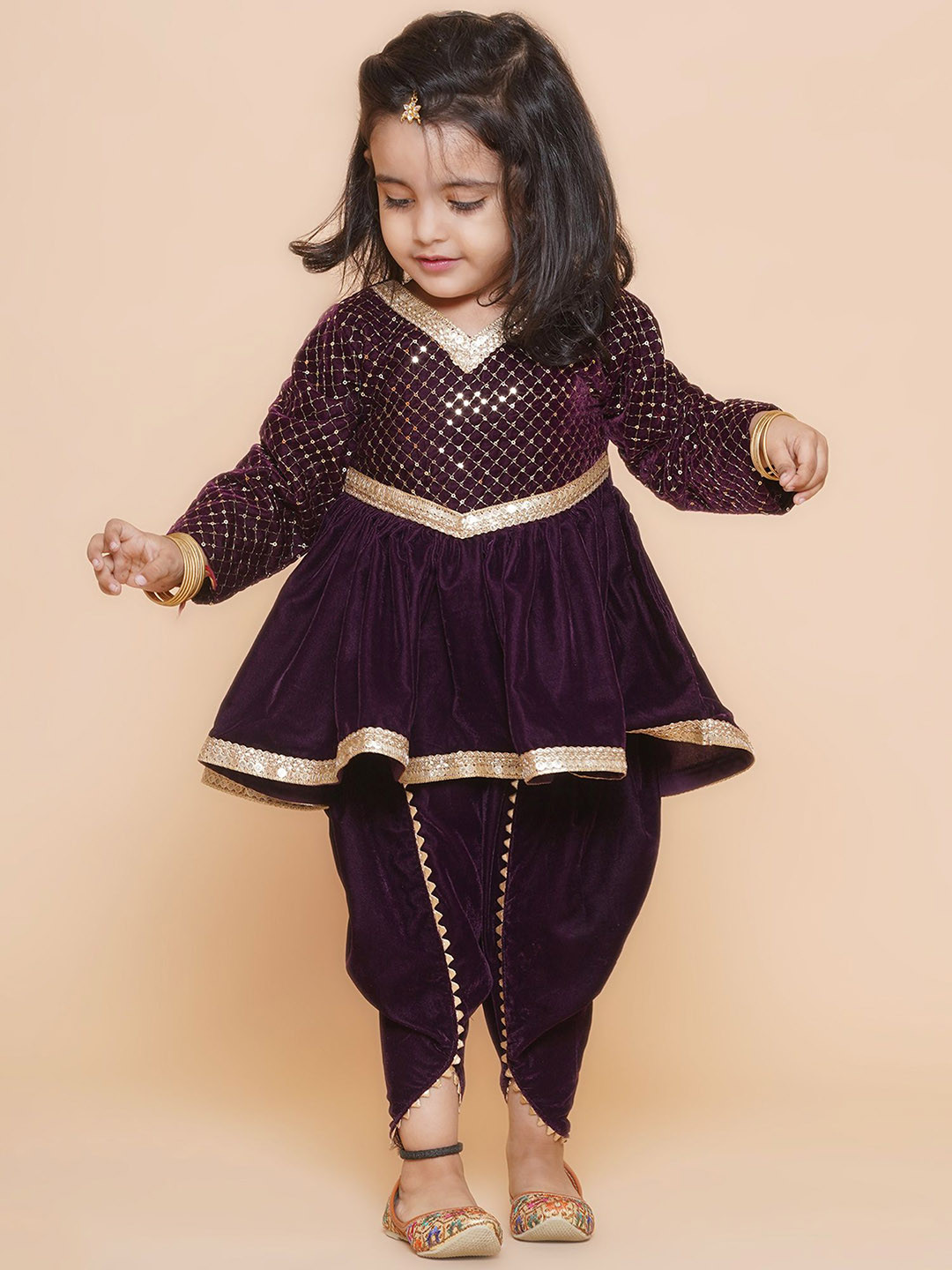 

BAESD Girls Geometric Yoke Design Sequinned Velvet Kurti With Dhoti Pants, Burgundy