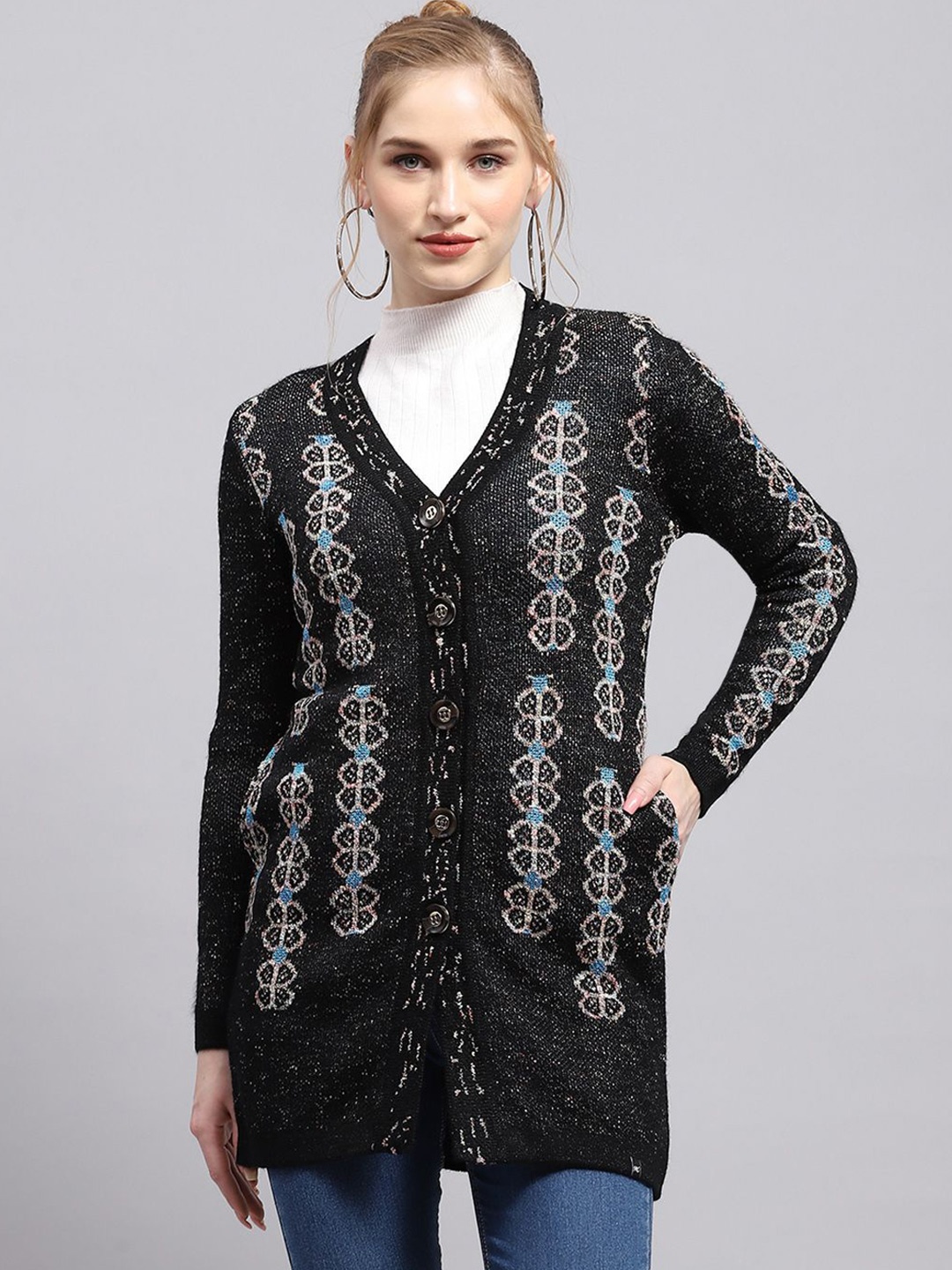 

Monte Carlo Women Woollen Long Sleeves Cardigan, Black
