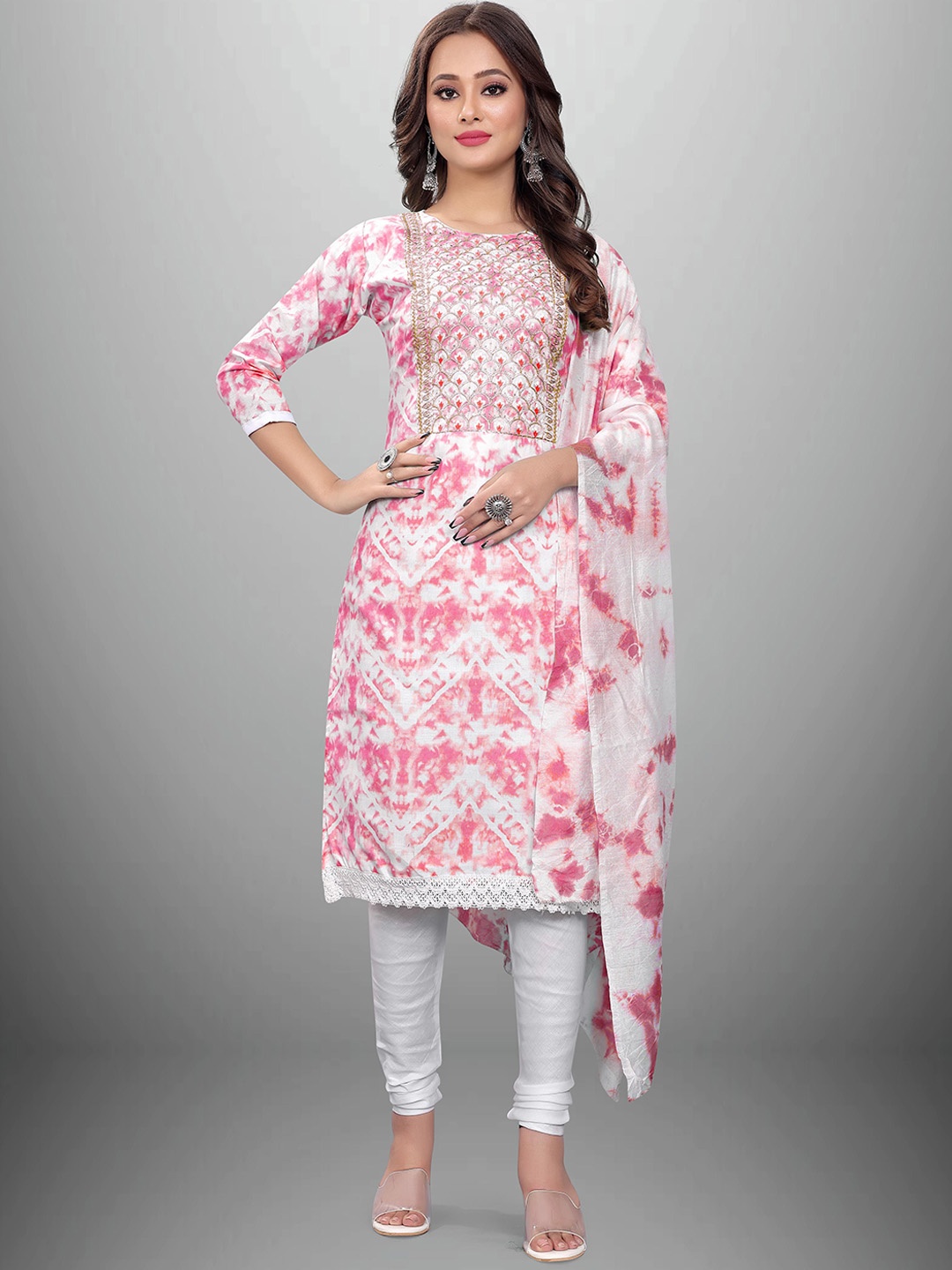 

Maroosh Abstract Printed Zari Unstitched Dress Material, Pink