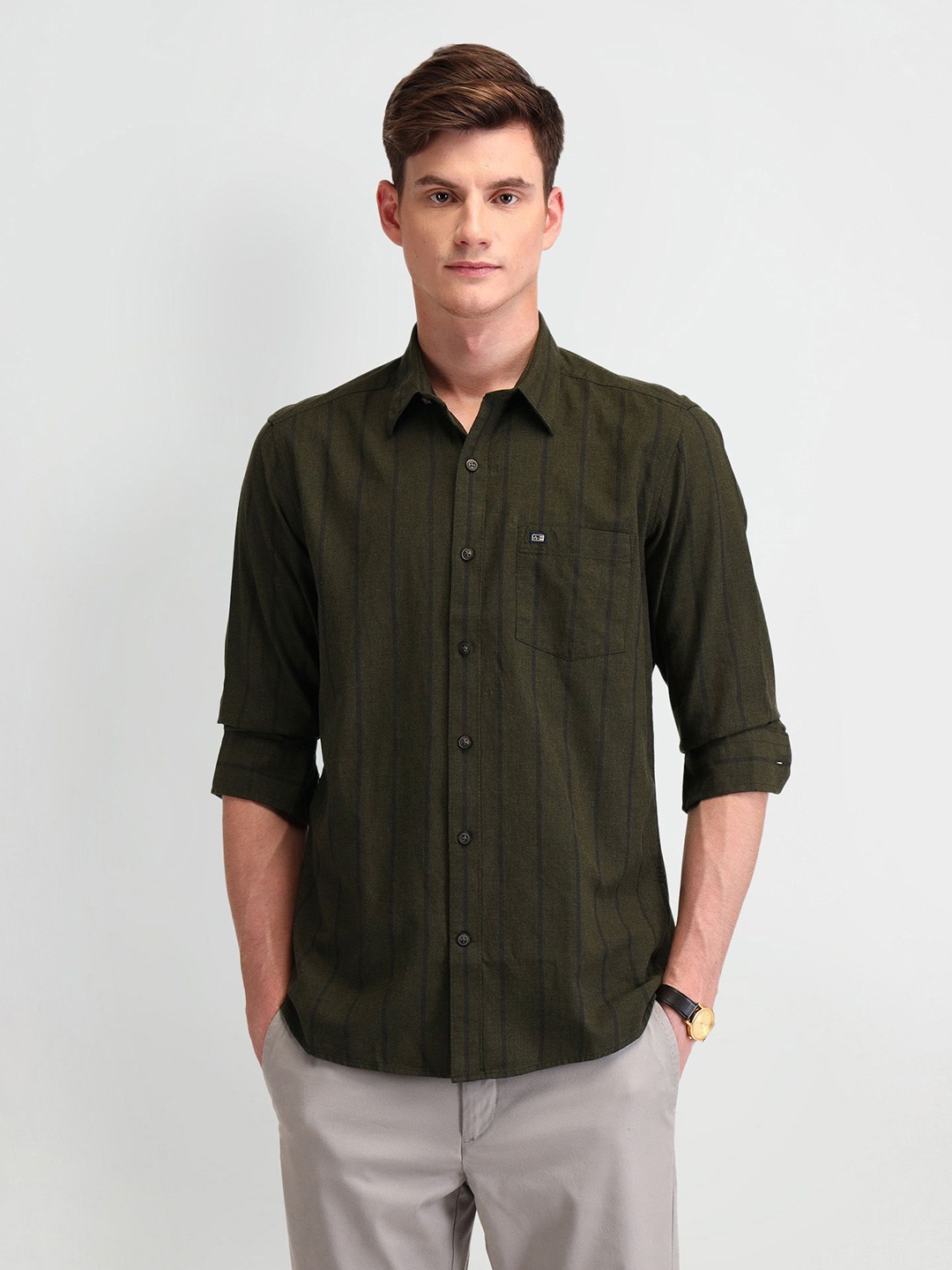

Arrow Sport Men Manhattan Slim Fit Opaque Striped Casual Shirt, Olive