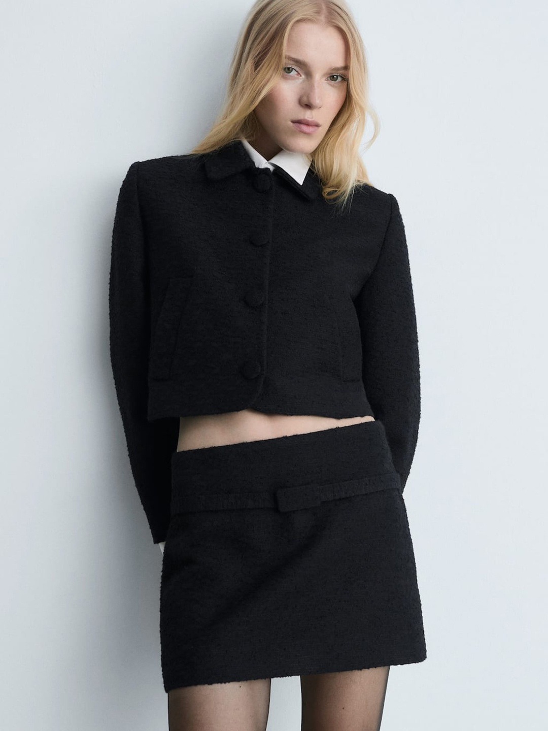 

MANGO Tweed Crop Tailored Blazer, Black