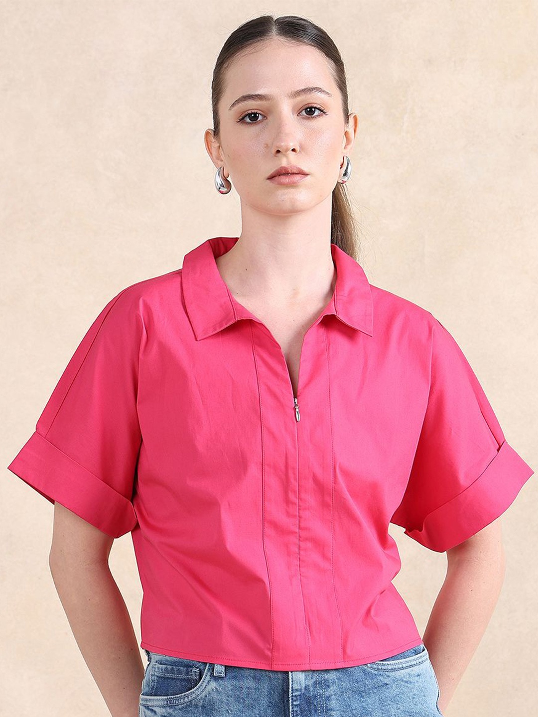 

RAREISM Women Extended Sleeves Cotton Boxy Crop Top, Pink