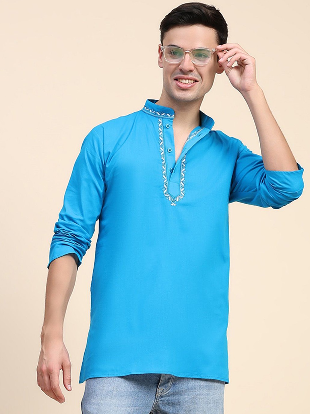 

SKAVIJ Thread Work Mandarin Collar Cotton Short Straight Kurta, Turquoise blue