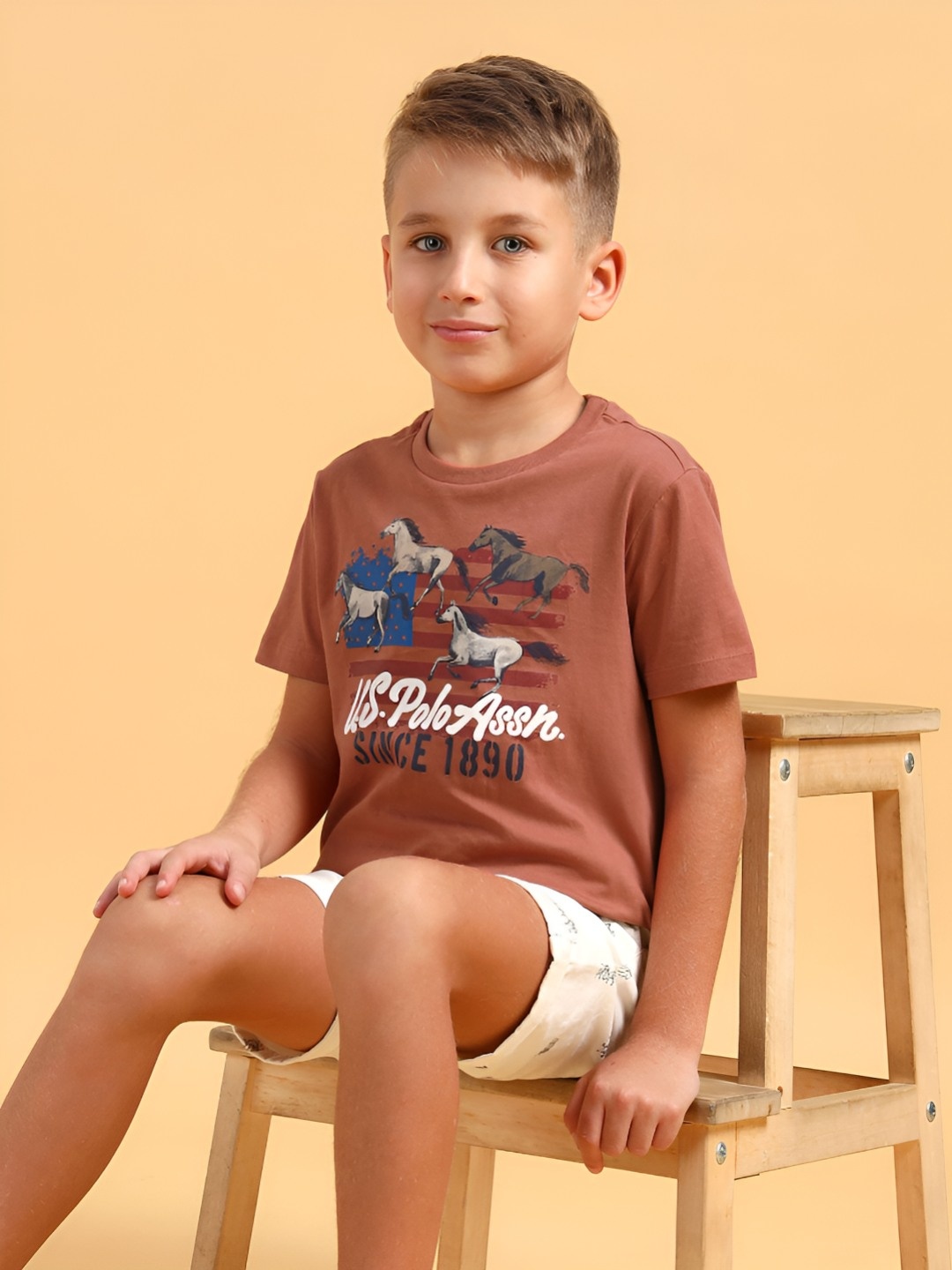 

U.S. Polo Assn. Kids Boys Graphic Printed Round Neck Cotton T-shirt, Rust