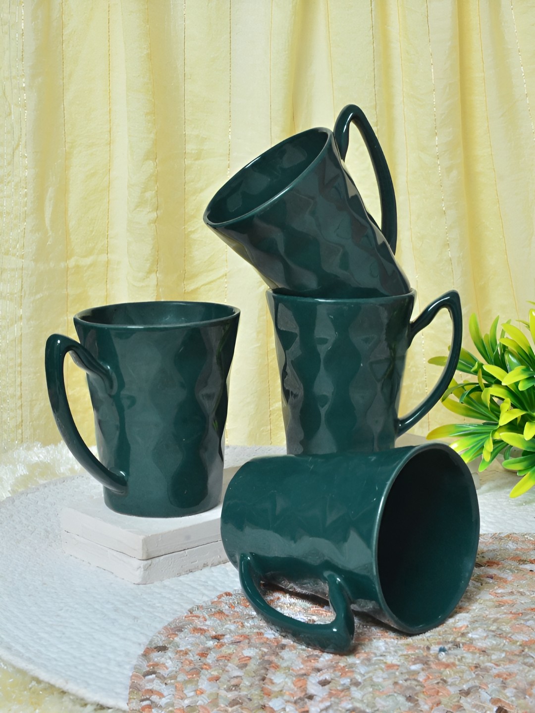 

FABINALIV Green 4 Pieces Textured Ceramic Glossy Mugs Set of Cups and Mugs