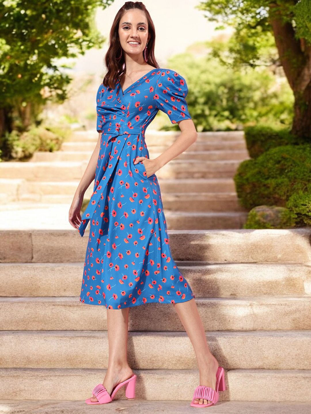 

Miss Chase Floral Print Puff Sleeve Georgette A-Line Midi Dress, Blue