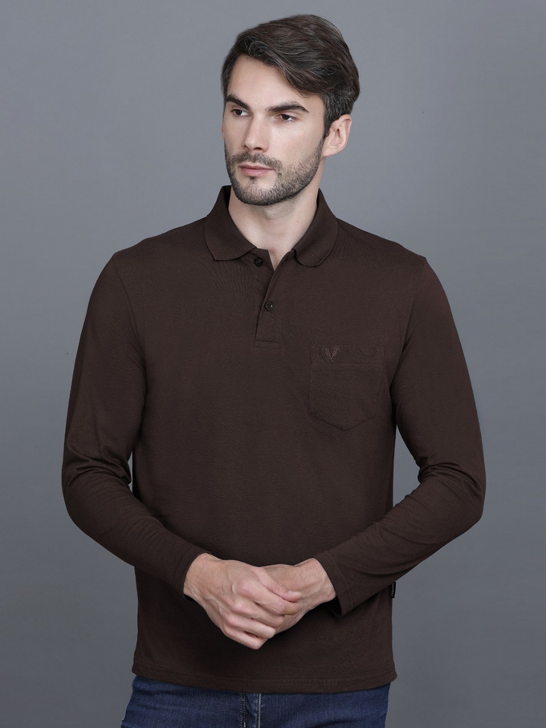 

GODFREY Men Solid Polo Collar Cotton T-shirt, Coffee brown