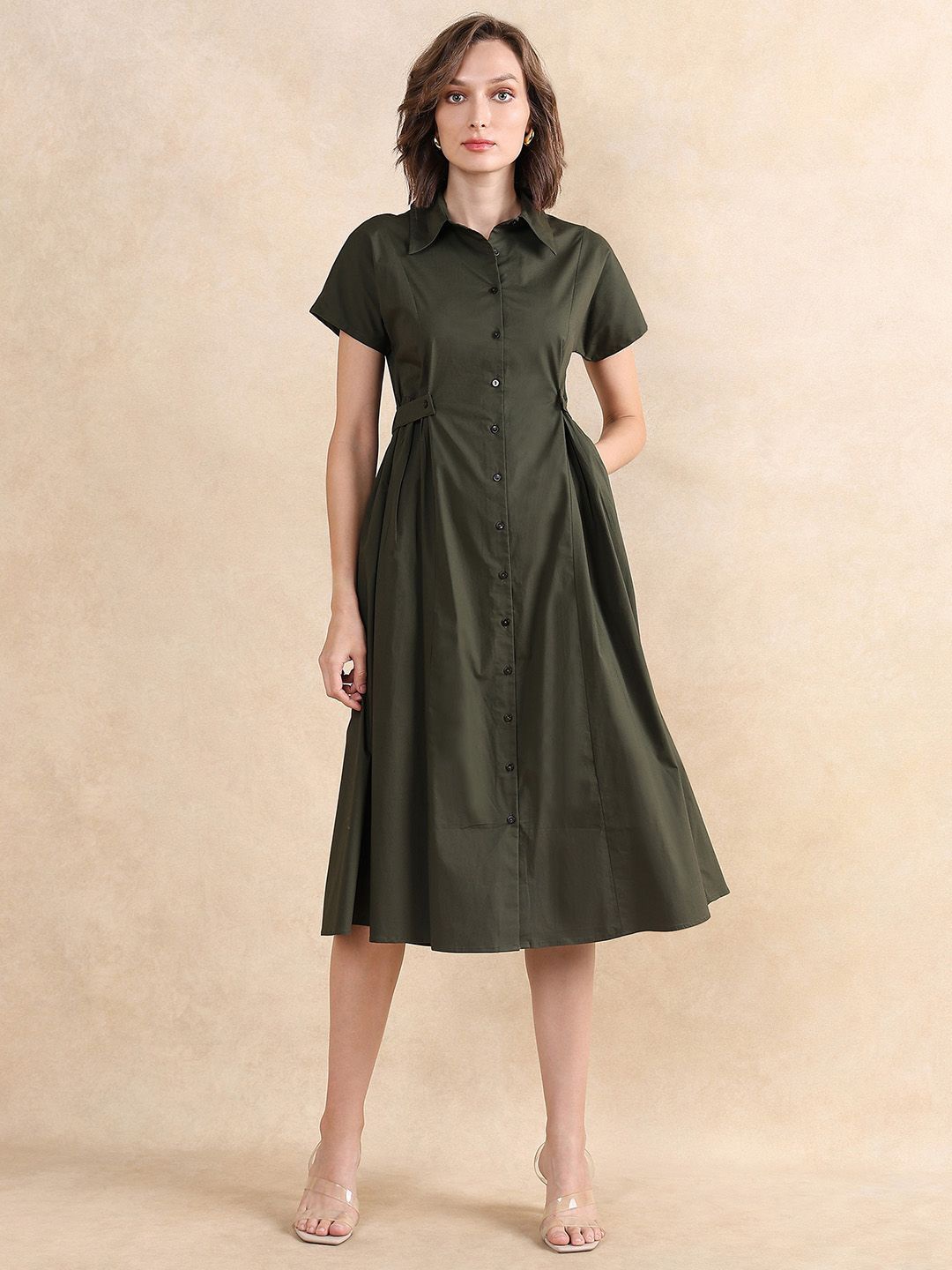 

RAREISM Women Fit & Flare Cotton Midi Dress, Olive