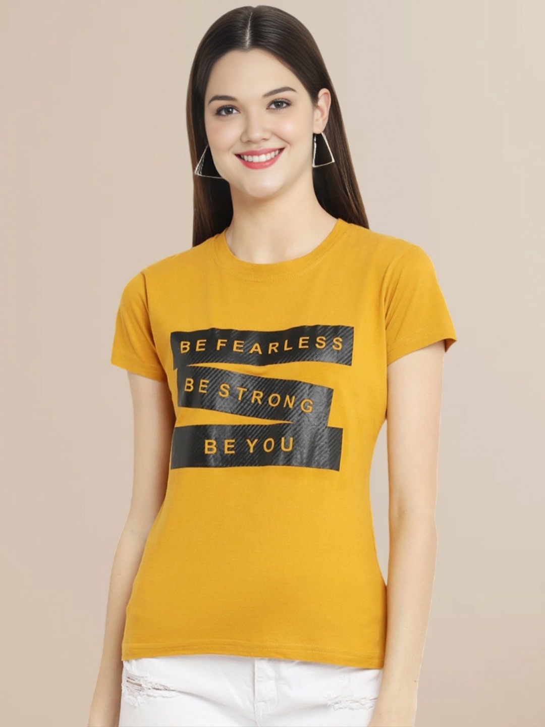 

Metronaut Women Typography Printed Round Neck Cotton T-shirt, Yellow