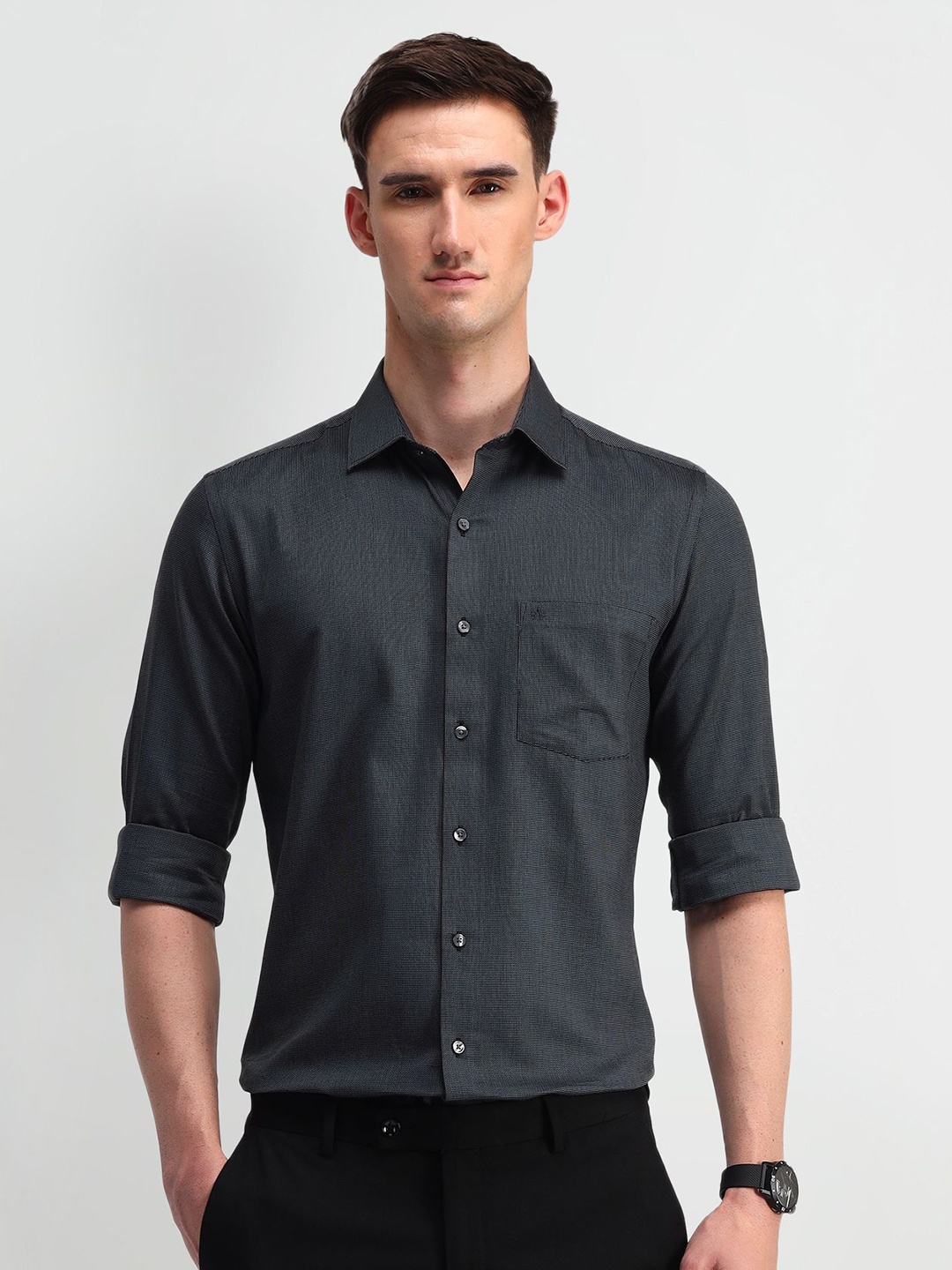 

Arrow Men Classic Spread Collar Solid Cotton Formal Shirt, Black