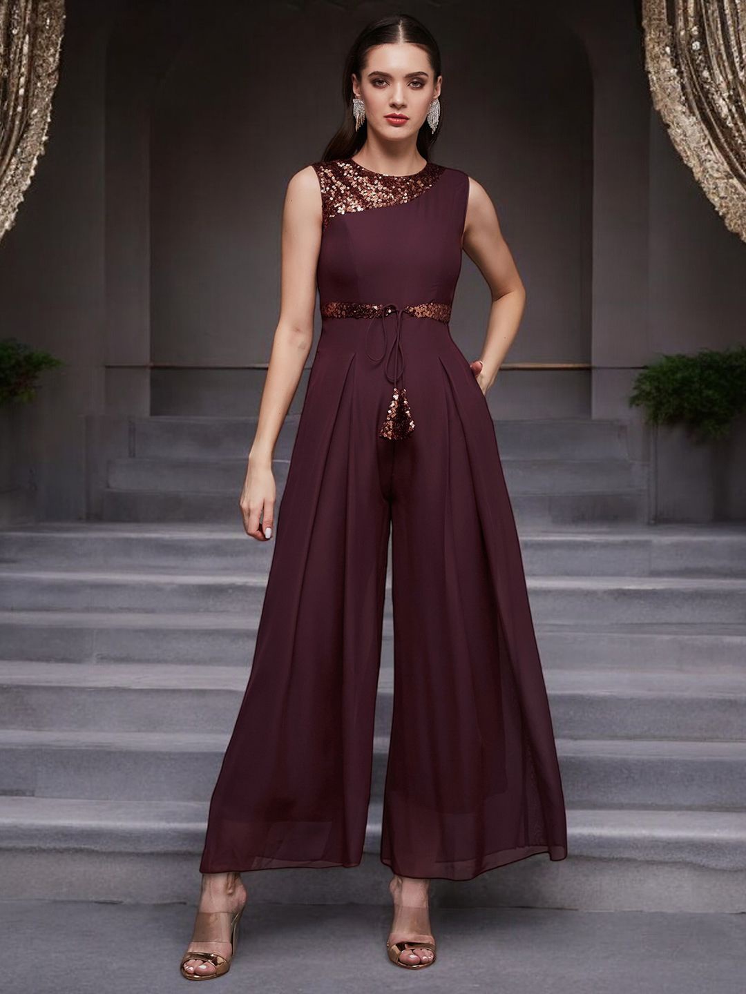 

Miss Chase Women Sleeveless Basic Jumpsuit, Burgundy