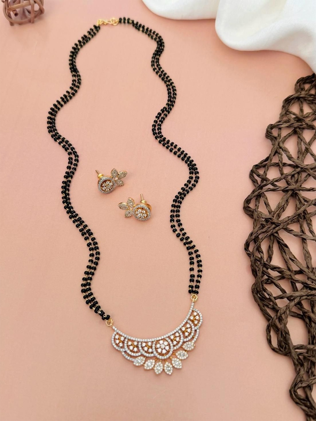 

ABDESIGNS Gold-Plated American Diamond Studded & Beaded Mangalsutra With Earrings