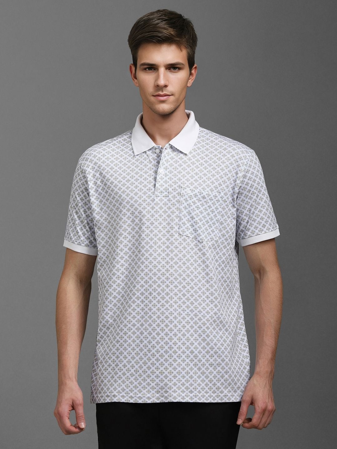 

Louis Philippe Men Geometric Printed Polo Collar Cotton T-shirt, White