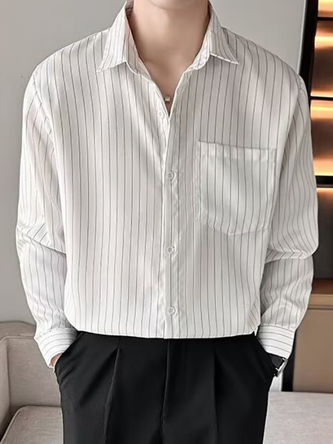 

StyleCast x Revolte Men Cutaway Collar Vertical Striped Casual Shirt, White