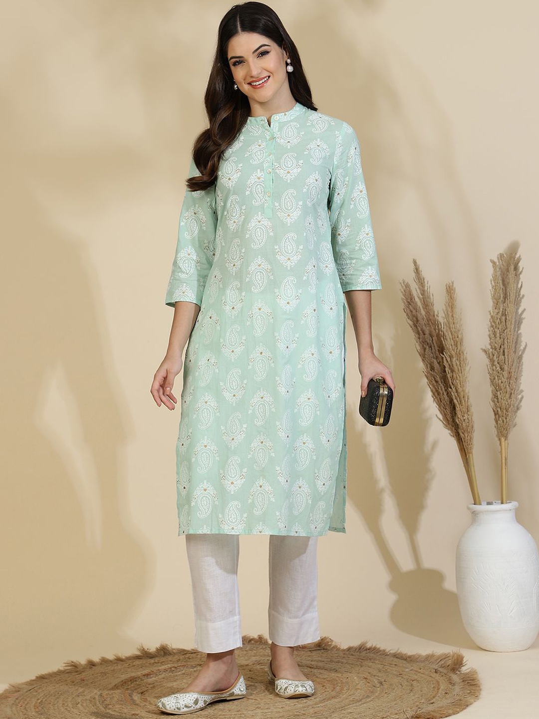 

all about you Ethnic Motifs Printed Pure Cotton Straight Kurta, Sea green