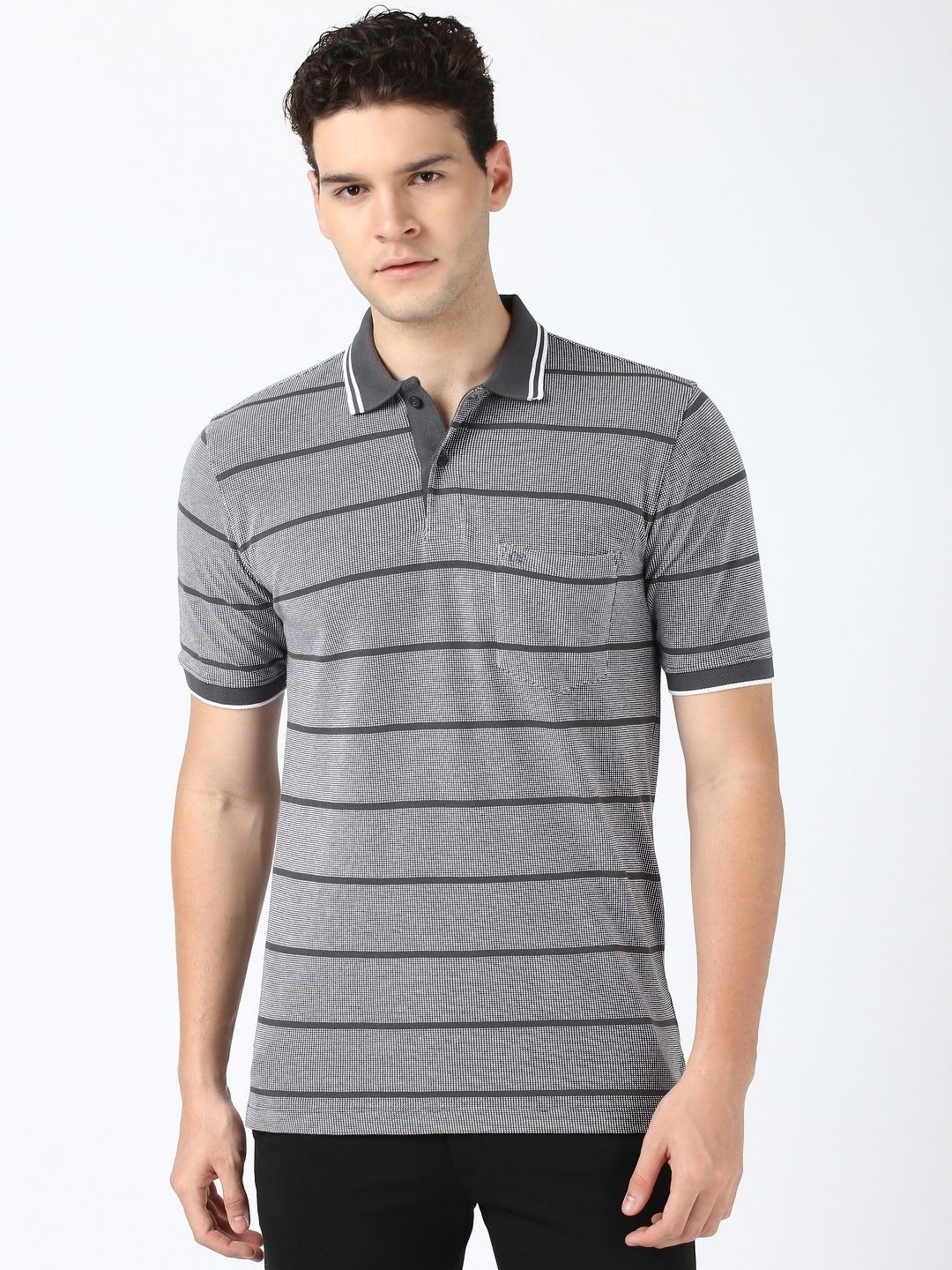 

Peter England Men Striped Polo Collar Cotton T-shirt, Grey