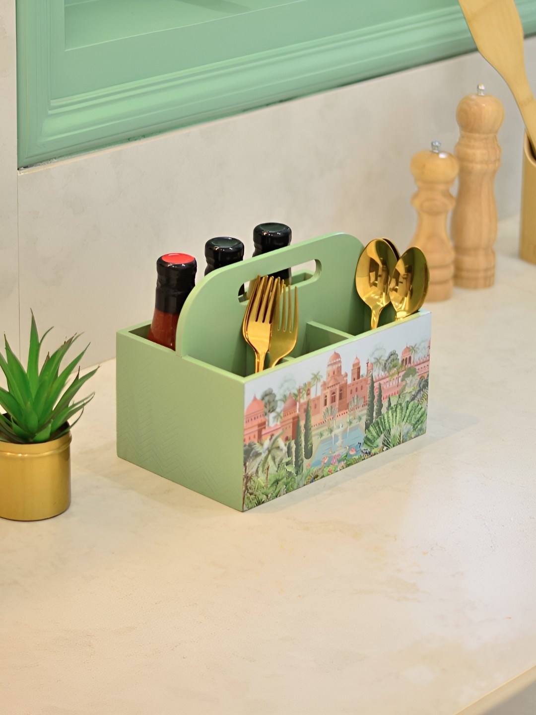 

Cinch Home Green & Blue Printed Wooden Cutlery Holder