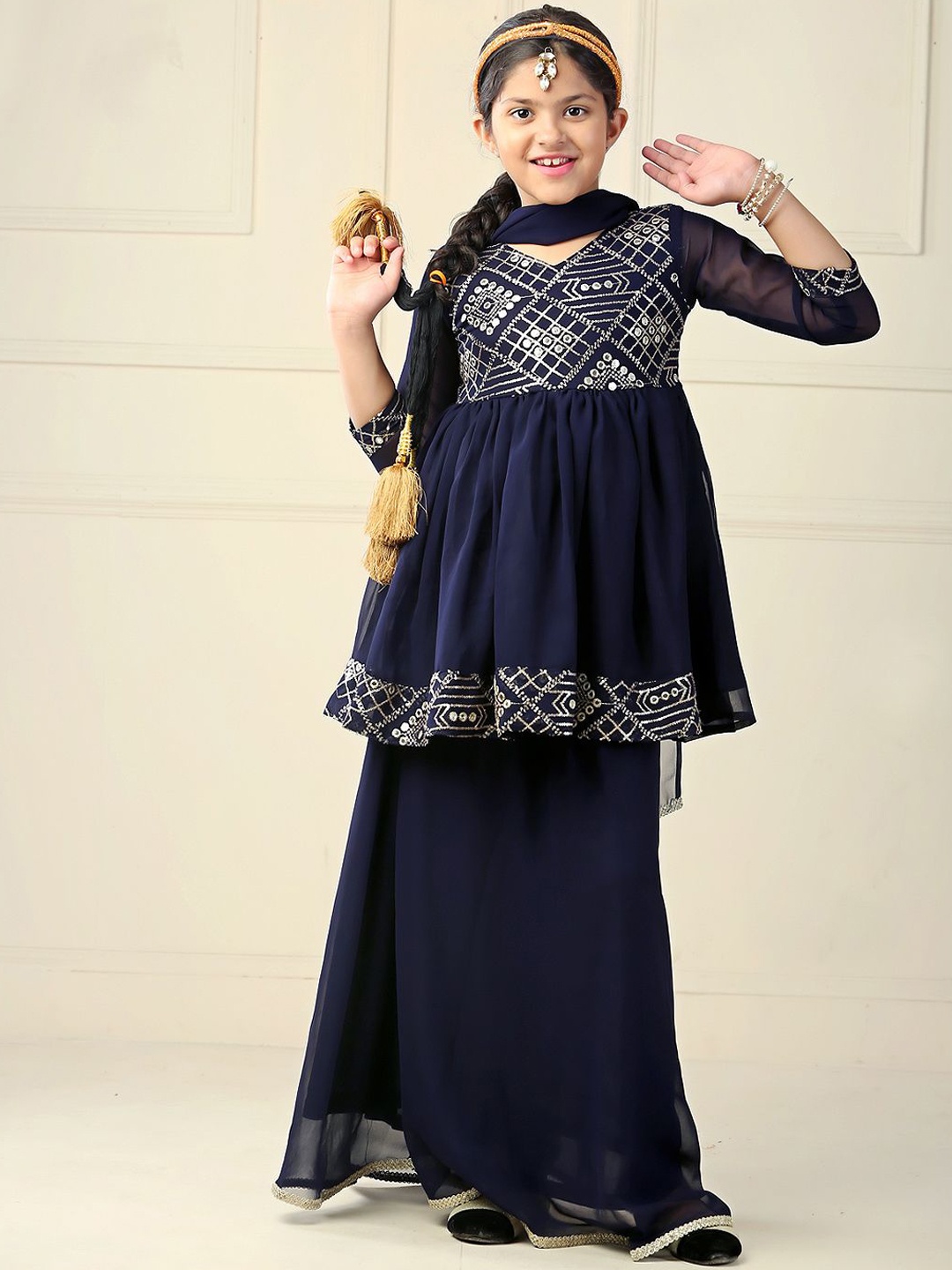 

BAESD Girls Geometric Embroidered Regular Mirror Work Georgette Kurta & Skirt With Dupatta, Navy blue