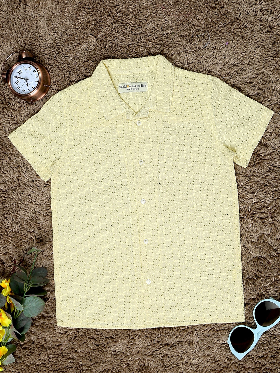 

The Lion and The Fish Boys Relaxed Fit Embroidered Cuban Collar Shirt, Yellow