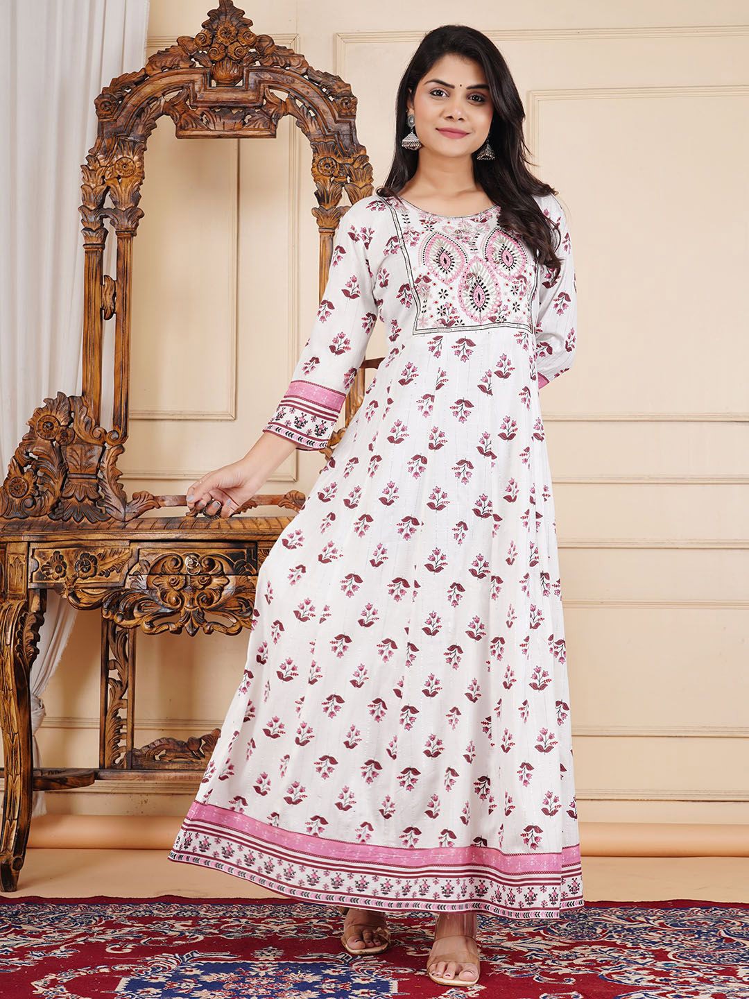 

Meena Bazaar Women Ethnic Motifs Printed Fit & Flare Cotton Maxi Dress, Cream