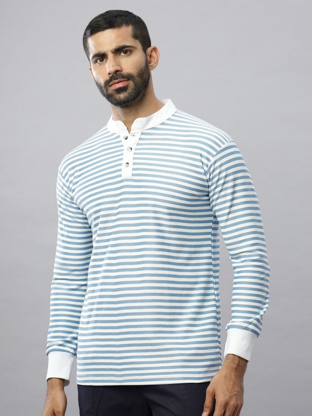 

N AND J Men Striped Henley Neck Cotton T-shirt, Blue