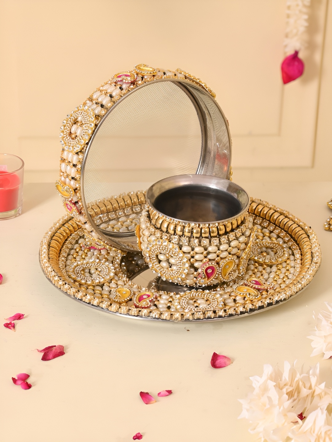 

Aapno Rajasthan Cultural Metal Karva Chauth Puja thali, Gold