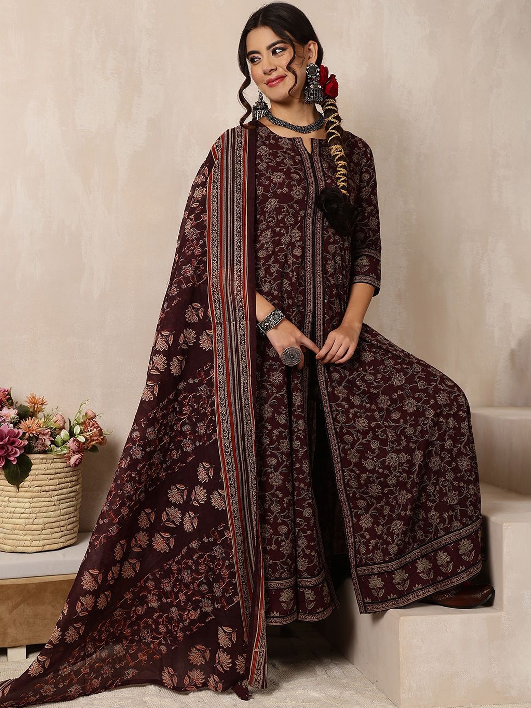 

GULMOHAR JAIPUR Floral Printed Pure Cotton Anarkali Kurta With Palazzo & Dupatta, Maroon