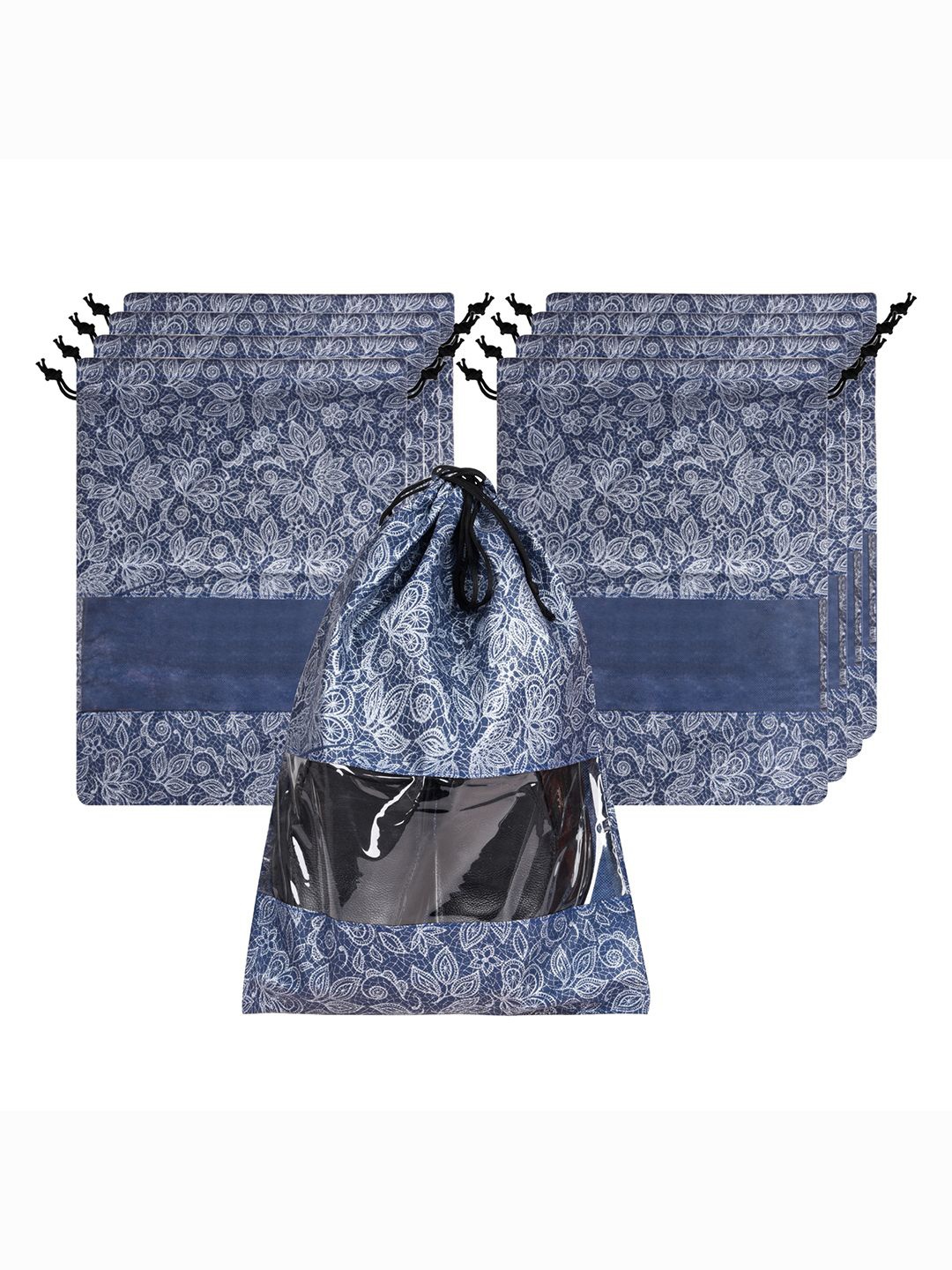 

Kuber Industries Set Of 9 Printed Non-Woven Shoe Cover Bags with Transparent Window, Navy blue