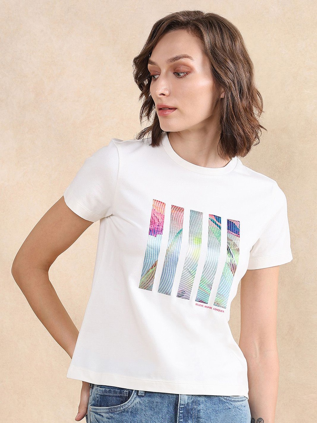 

RAREISM Women Graphic Printed Round Neck Cotton T-shirt, Off white