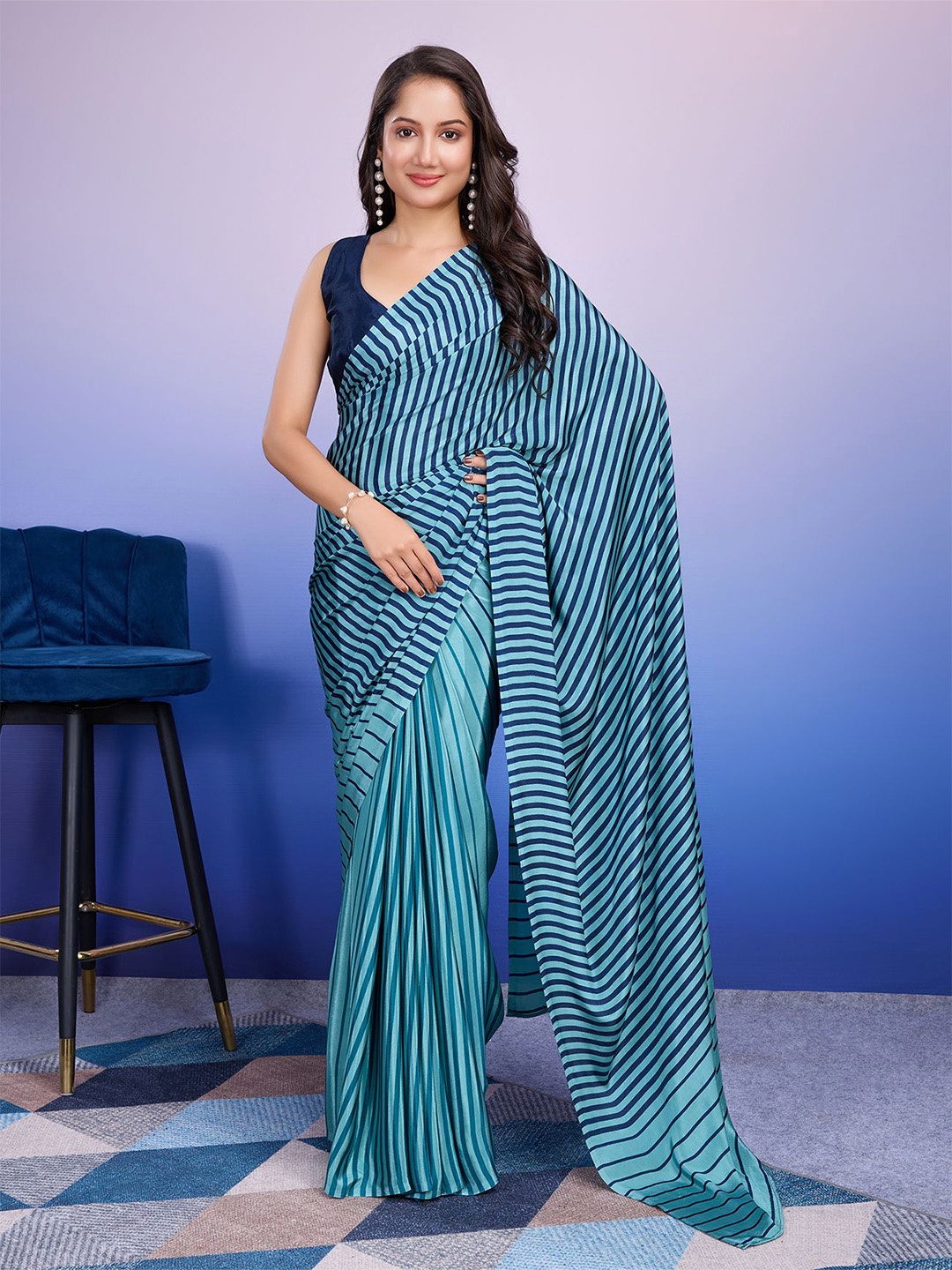 

RACHNA Striped Satin Saree, Blue