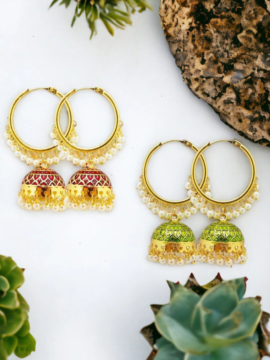 

9blings Set Of 2 Gold Plated Beaded Dome Shaped Meenakari Jhumkas, Maroon