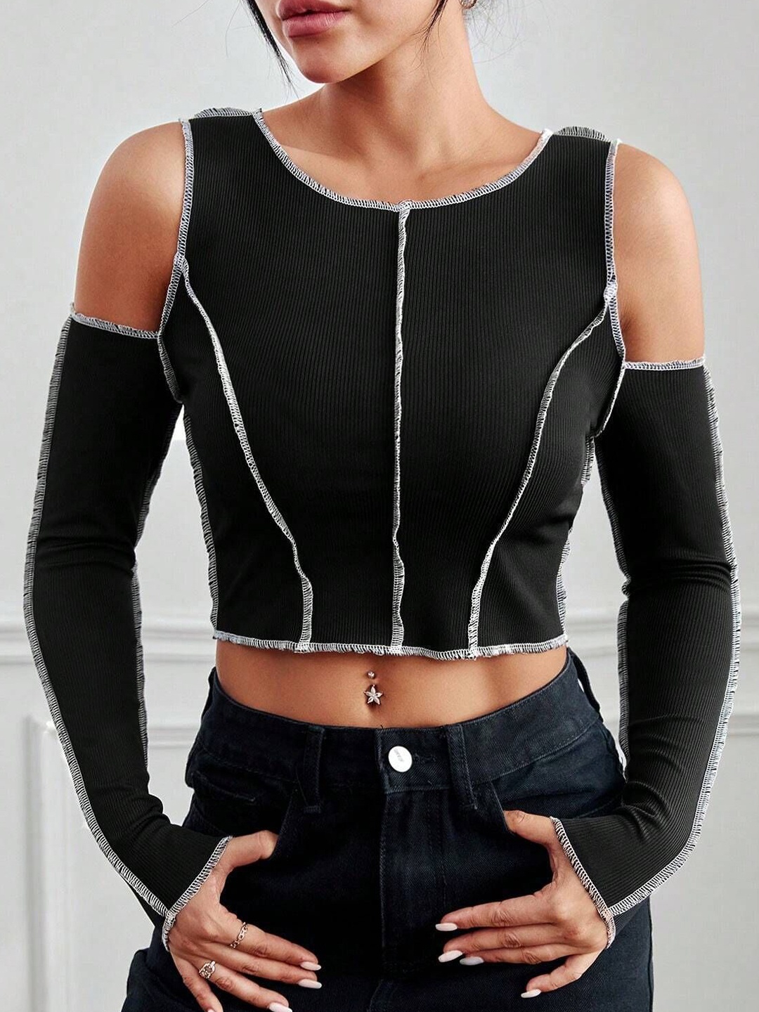 

HERE&NOW Cold-Shoulder Crop Top, Black