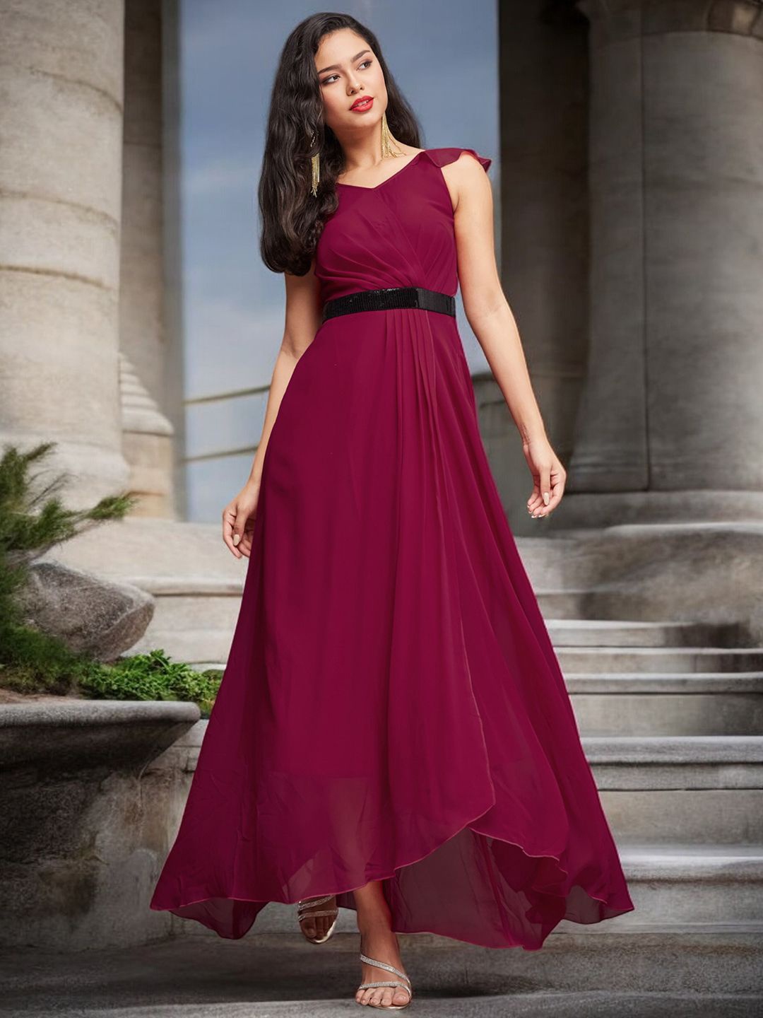 

Miss Chase Women Pleated Maxi Dress, Burgundy