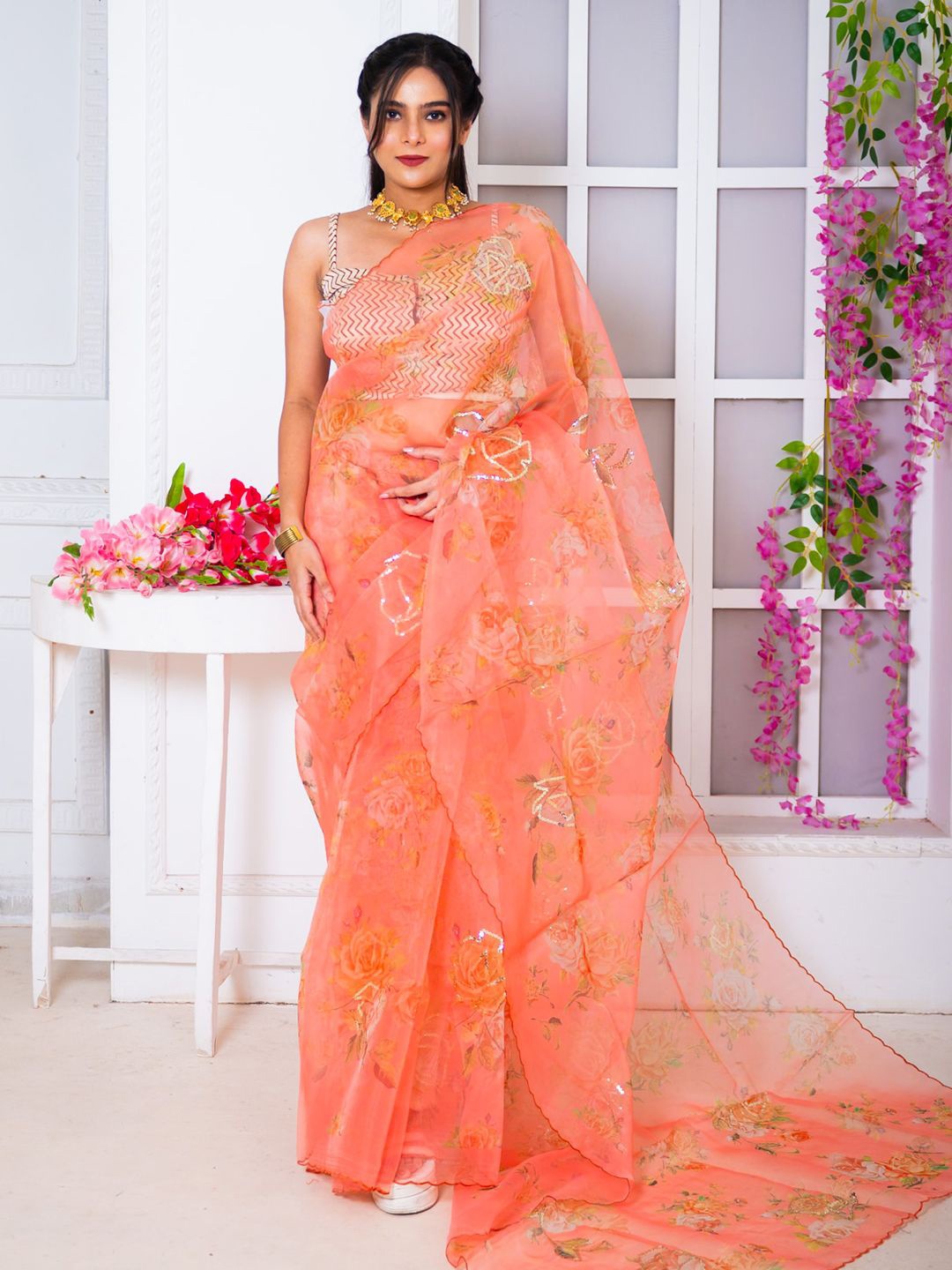 

Uttariya Floral Organza Saree, Orange