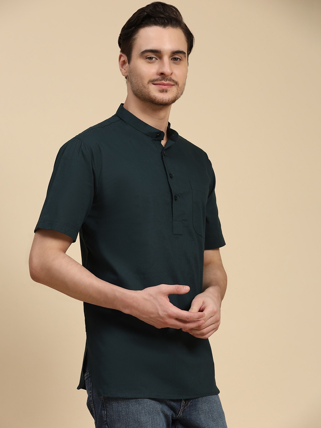 

SKAVIJ Mandarin Collar Cotton Straight Short Kurta, Green