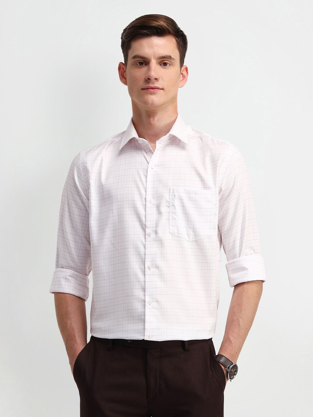 

Arrow Men Manhattan Spread Collar Checked Cotton Slim Fit Formal Shirt, Pink