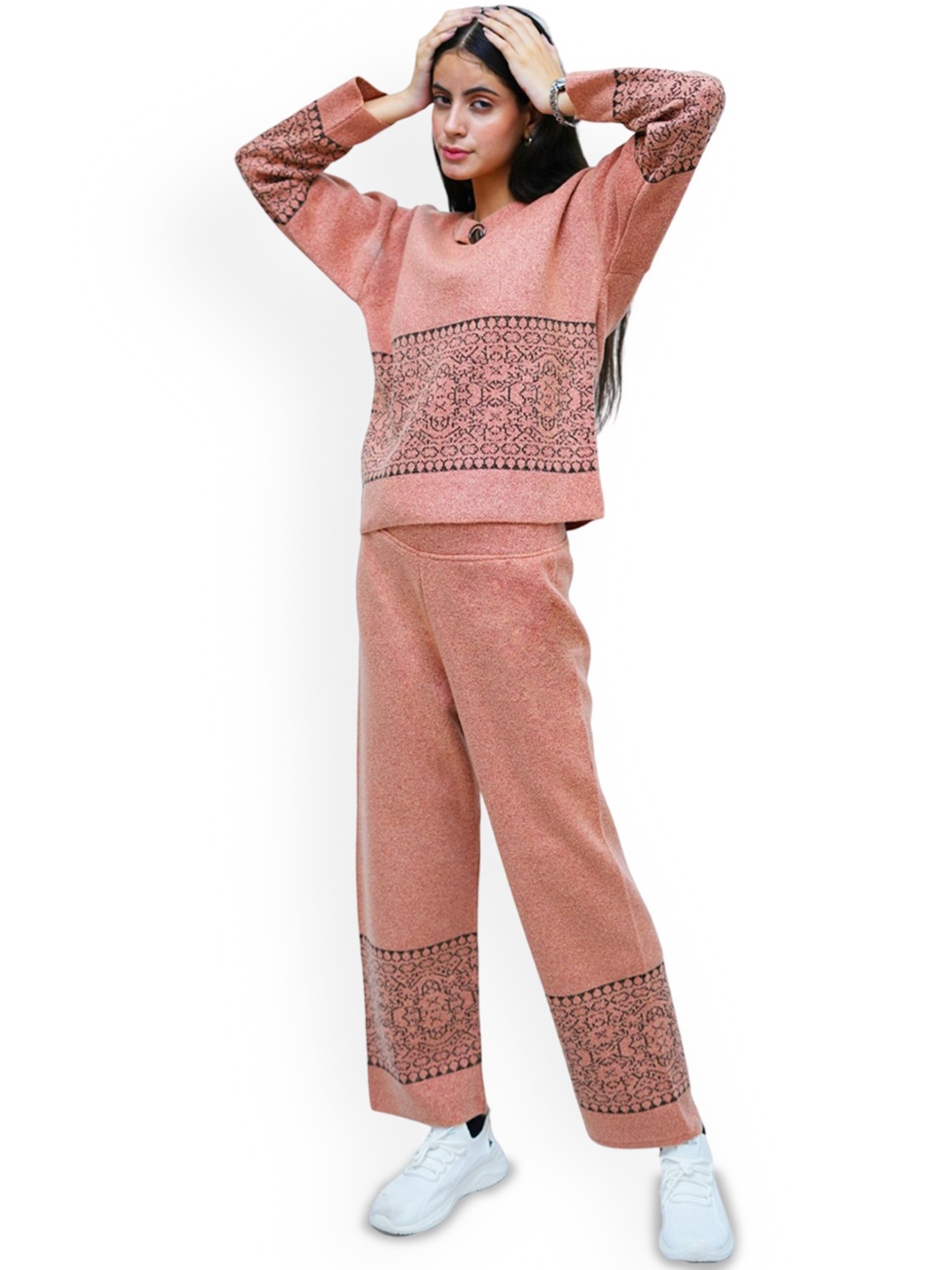 

PUREMIST Ethnic Motifs Printed Long Sleeves Sweatshirt With Trouser, Pink