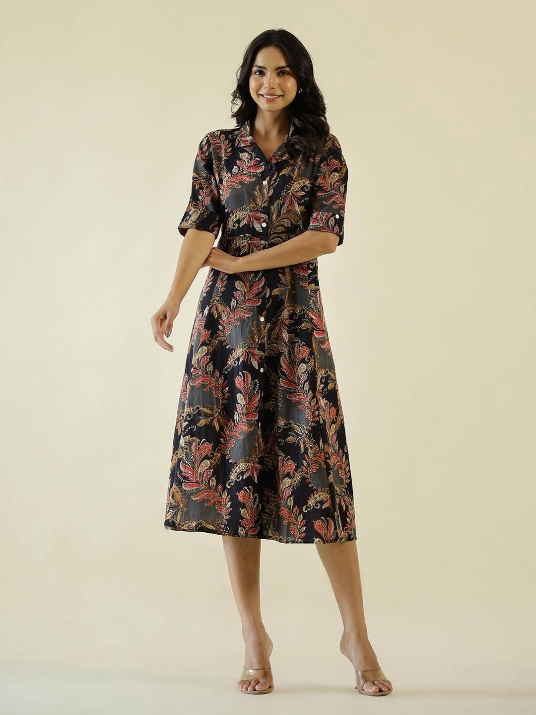 

Meena Bazaar Women Floral Printed Shirt Midi Cotton Dress, Black