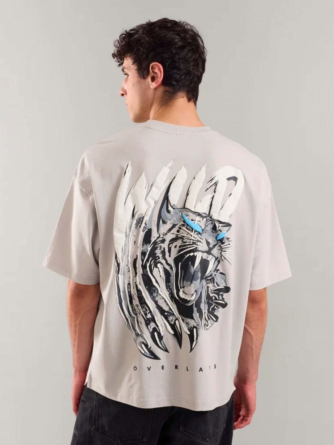 

Overlays Men Graphic Printed Round Neck Cotton Oversized T-shirt, Grey