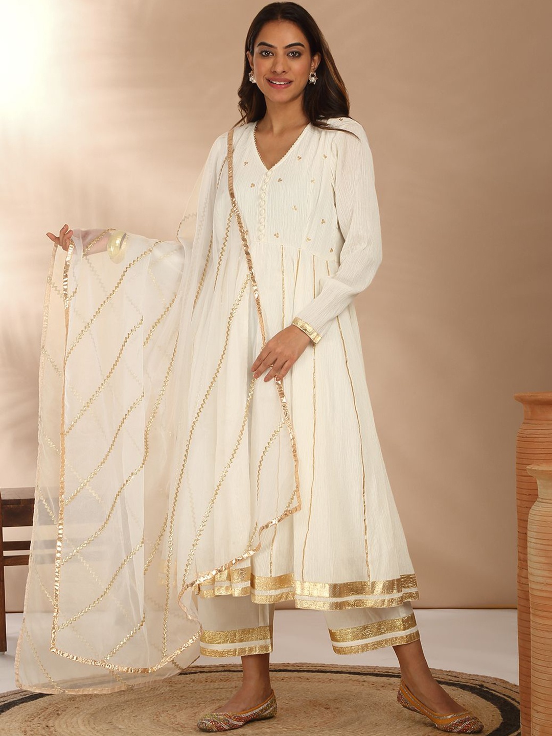 

Likha Ethnic Motifs Embroidered Empire Gotta Patti Kurta with Trouser & Dupatta, Off white