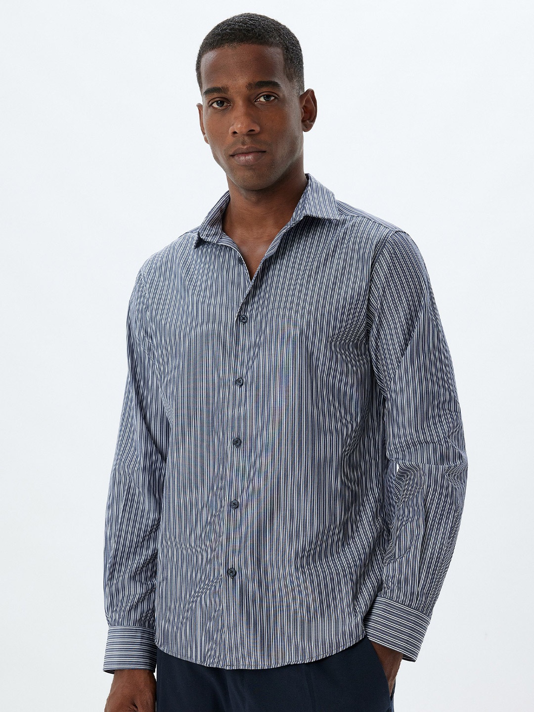 

Koton Men Spread Collar Vertical Striped Slim Fit Casual Shirt, Navy blue