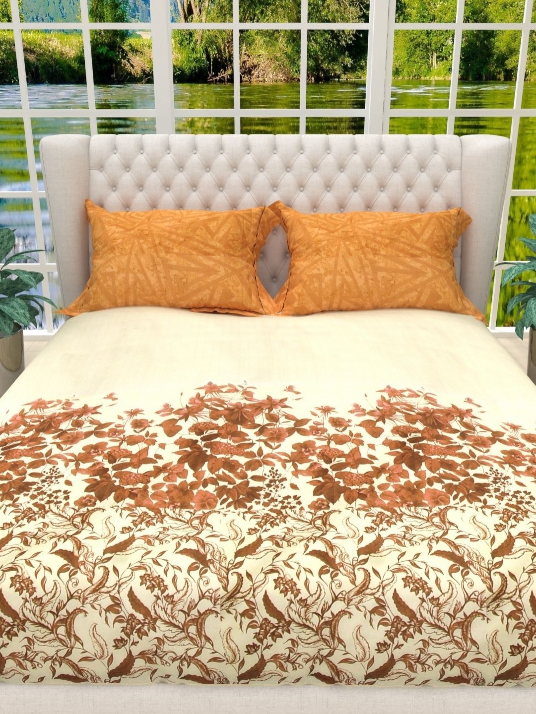 

THE WHITE MOSS Cream & Brown 130 TC Cotton King Bedsheet with 2 Pillow Covers 2 x 2mt