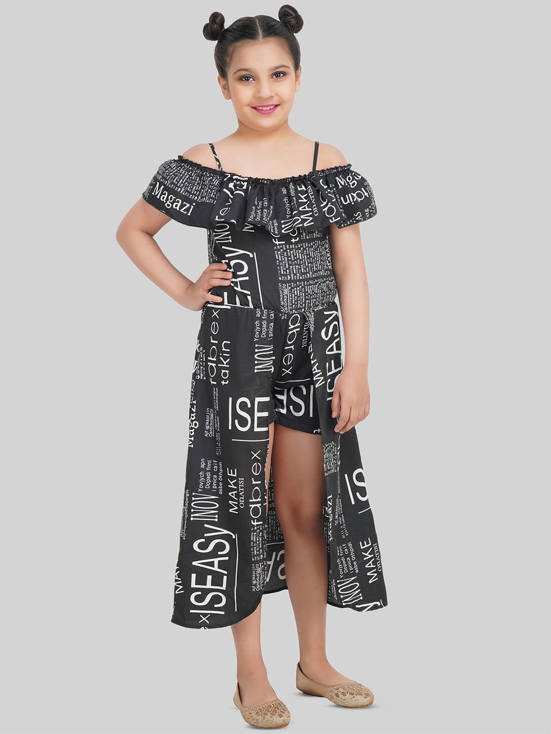 

BEING NAUGHTY Girls Print Off-Shoulder Crepe Fit & Flare Midi Dress, Black