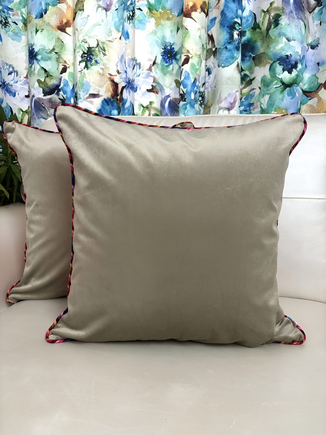 

TARA- Sparkling Homes Beige & Brown 2 Pieces Velvet Square Cushion Covers