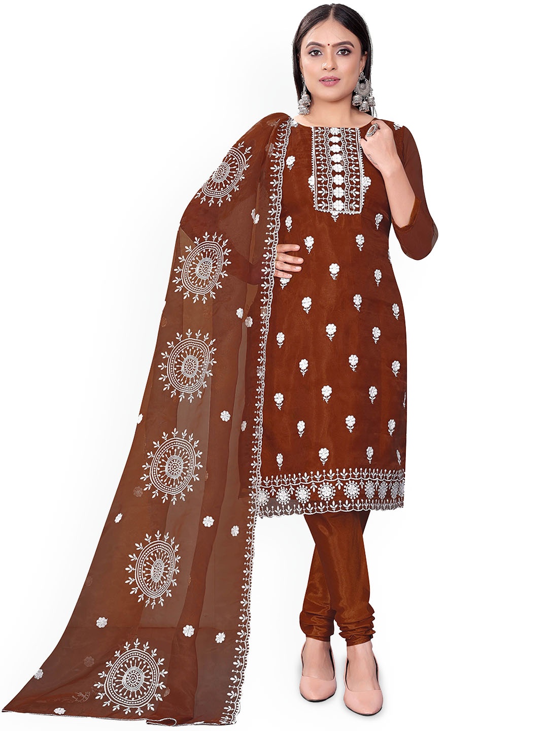 

Maroosh Ethnic Motifs Embroidered Organza Unstitched Dress Material, Rust